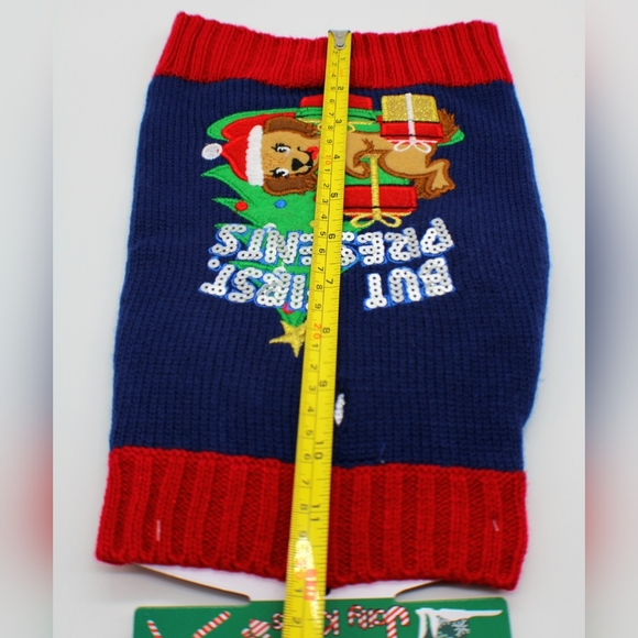 Extra Small Knit & Sequined 'But Presents First' Blue & Red Dod Sweater, New - Picture 2 of 7